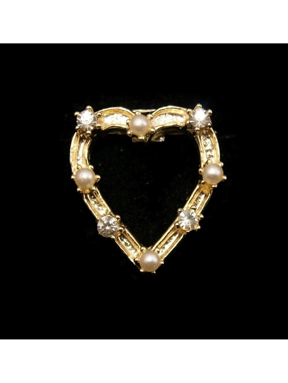 Vintage Gold Tone, Faux Pearls and Clear Rhinestones Heart Brooch.